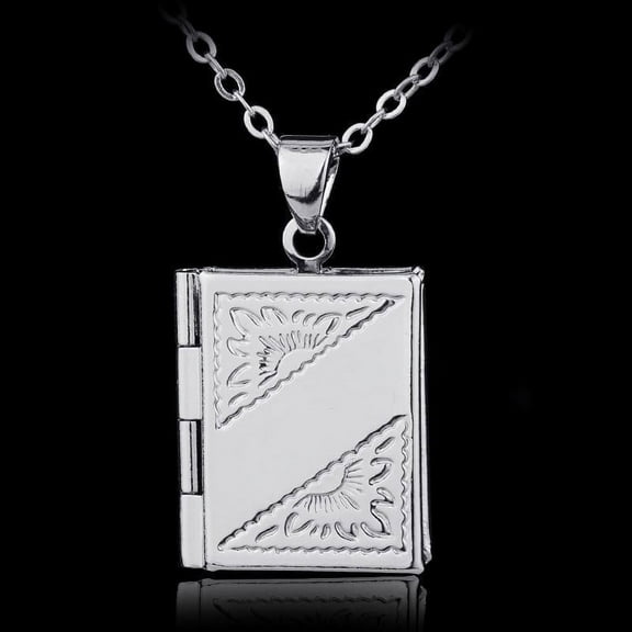 Women Men's Silver Book Photo Locket Square Box Pendant Necklace Chain