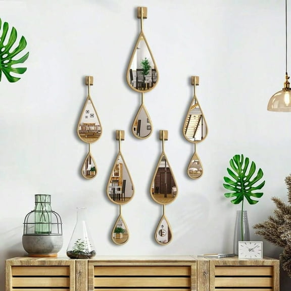 5 Pcs Decorative Wall Mirror Set - Teardrop Shape Golden Mirrors for Bedroom, Living Room, Entryway & Bathroom