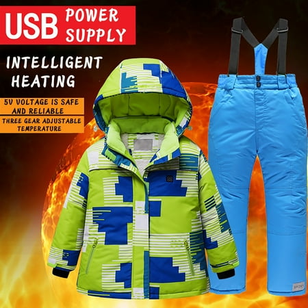 Hicidod Kids Heated Snowsuit Hooded Fashion Prined Ski Jacket And Pant Set Winter Warm Toddler Waterproof Outdoor Heating Ski Suit