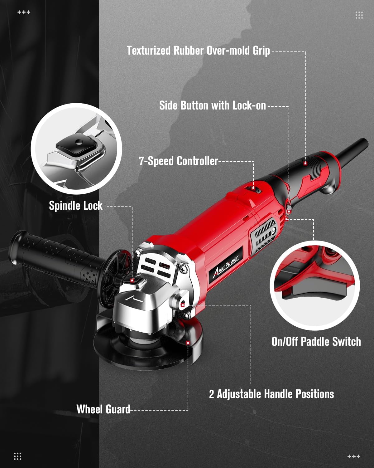 Angle Grinder 4-1/2 Inch 8.0 Amp 1000W Electric Grinder Tool 7-Variable-Speed Metal Grinder, 11,500 RPM, Paddle Switch with Lock-on Button, Cutting & Grinding Wheels and Side Handle - Red