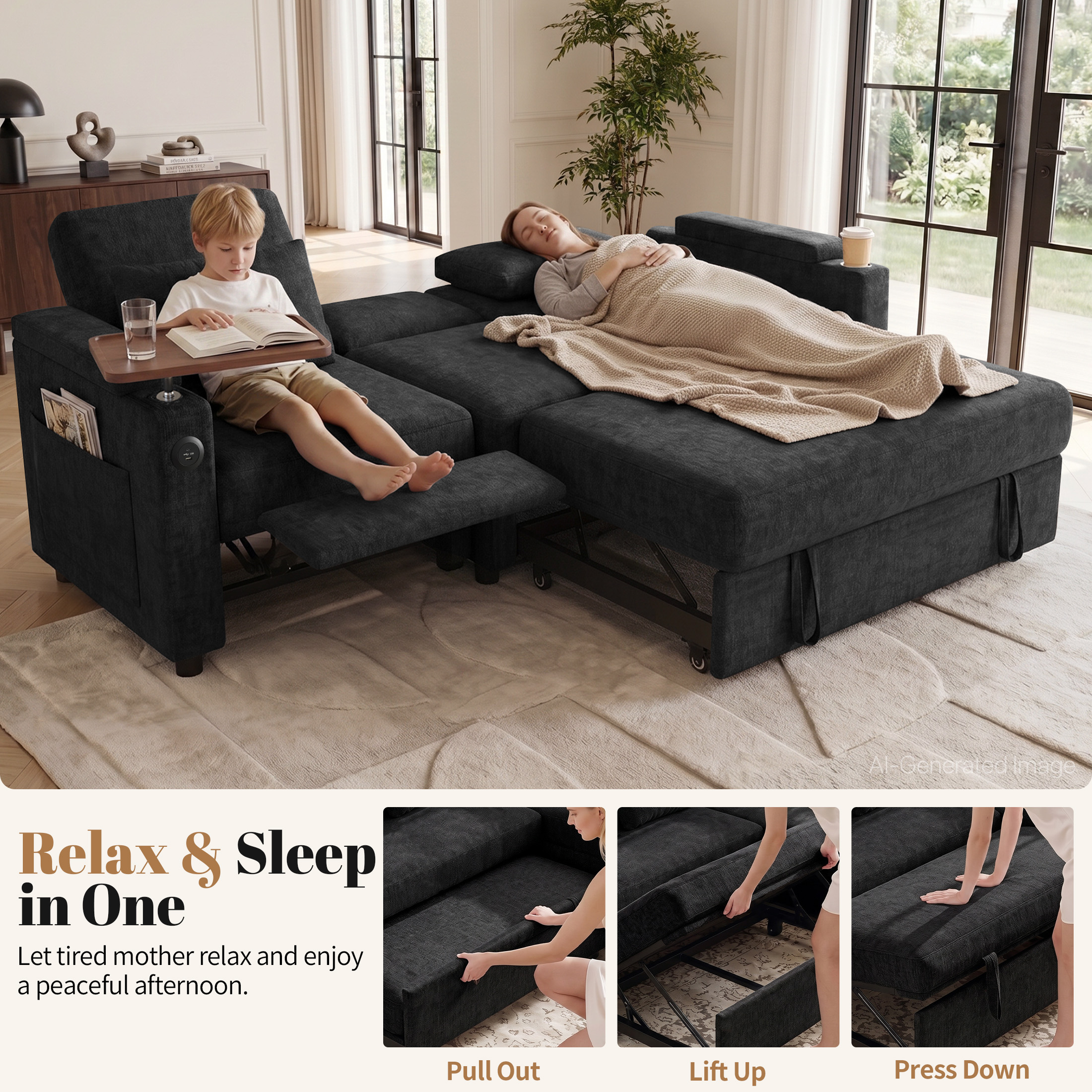 Aenkyo 81" 3-in-1 Convertible Sleeper Sofa with Pull Out Bed and Recliner, Adjustable Backrest, Black