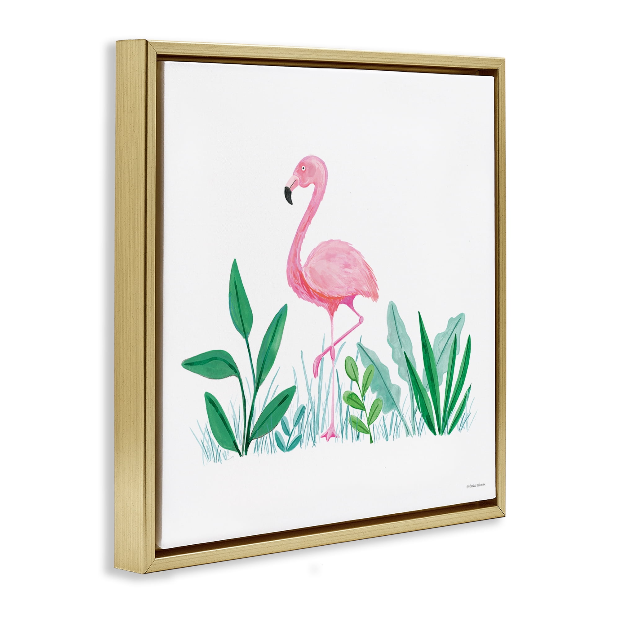 Stupell Industries Summer Flamingo & Fronds Animals Painting Gold Floater Framed Canvas Art Print Wall Art, 25 x 25