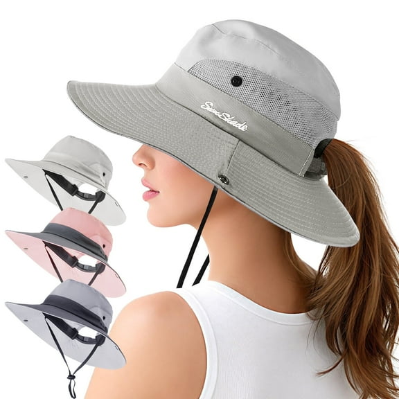 RoamRider Women's Sun Hat with Ponytail Hole, Foldable Wide Brim UV Protection Beach Hat, Cool Mesh Breathable Bucket Cap, Beige
