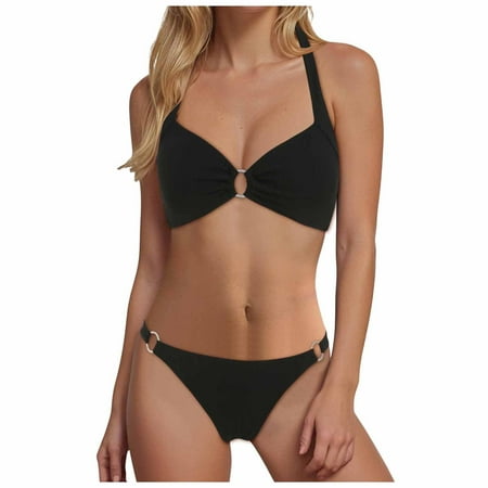 CAICJ98 Womens Bikini Sets Two Piece Bikini Swimsuit Sexy Ribbed Triangle Top Bathing Suits String Cheeky Bikini Sets Black S
