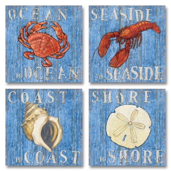 Fun Coastal Crab, Lobster, Sand Dollar, Conch Prints; Four Colorful 12x12 Prints…