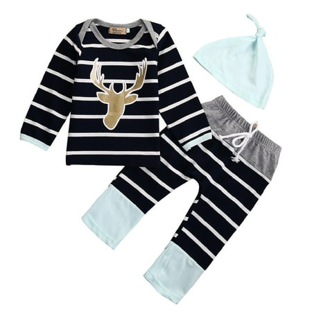 

3PCs Newborn Baby Boys Girls Striped Long Sleeve Deer Tops Pants Hat Outfits Set