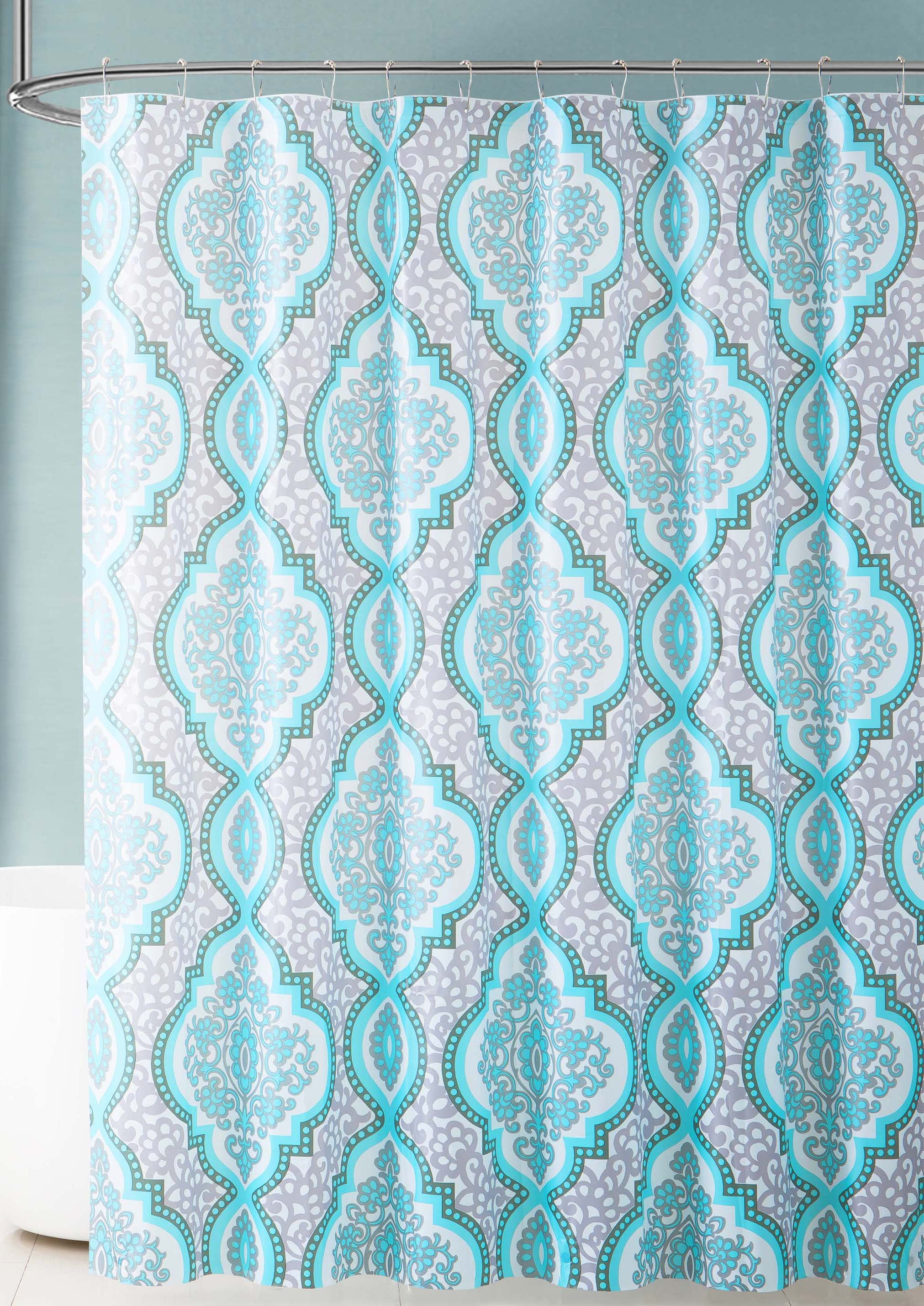 Gray and Aqua Blue Medallion Design PEVA Shower Curtain Liner Odorless
