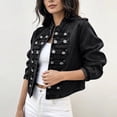 thumbnail image 4 of Women's Stand Collar Denim Jacket, Long Sleeve Double Breasted Cropped Jean Coat, Casual Military Style Denim Outerwear for Daily Street Wear 02-Black M, 4 of 4