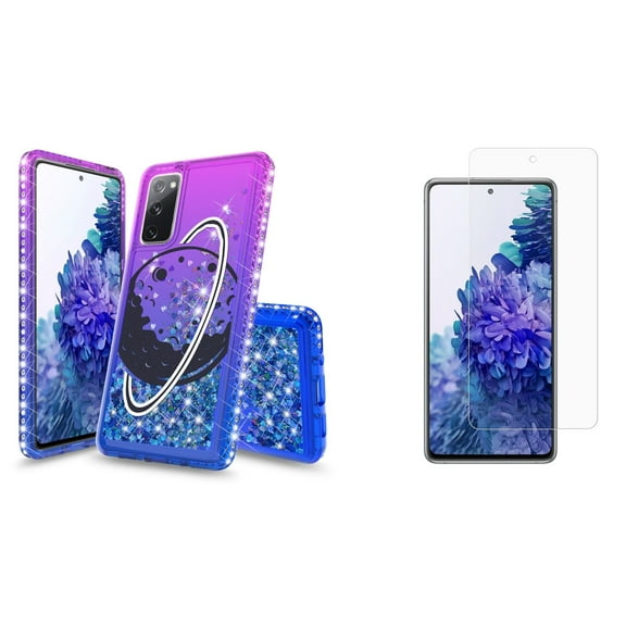 Bemz Liquid Quicksand Case for Samsung Galaxy S20 FE (with 2 Pack of Tempered Glass Screen Protectors and Touch Tool) - Space Moon (Purple/Blue)