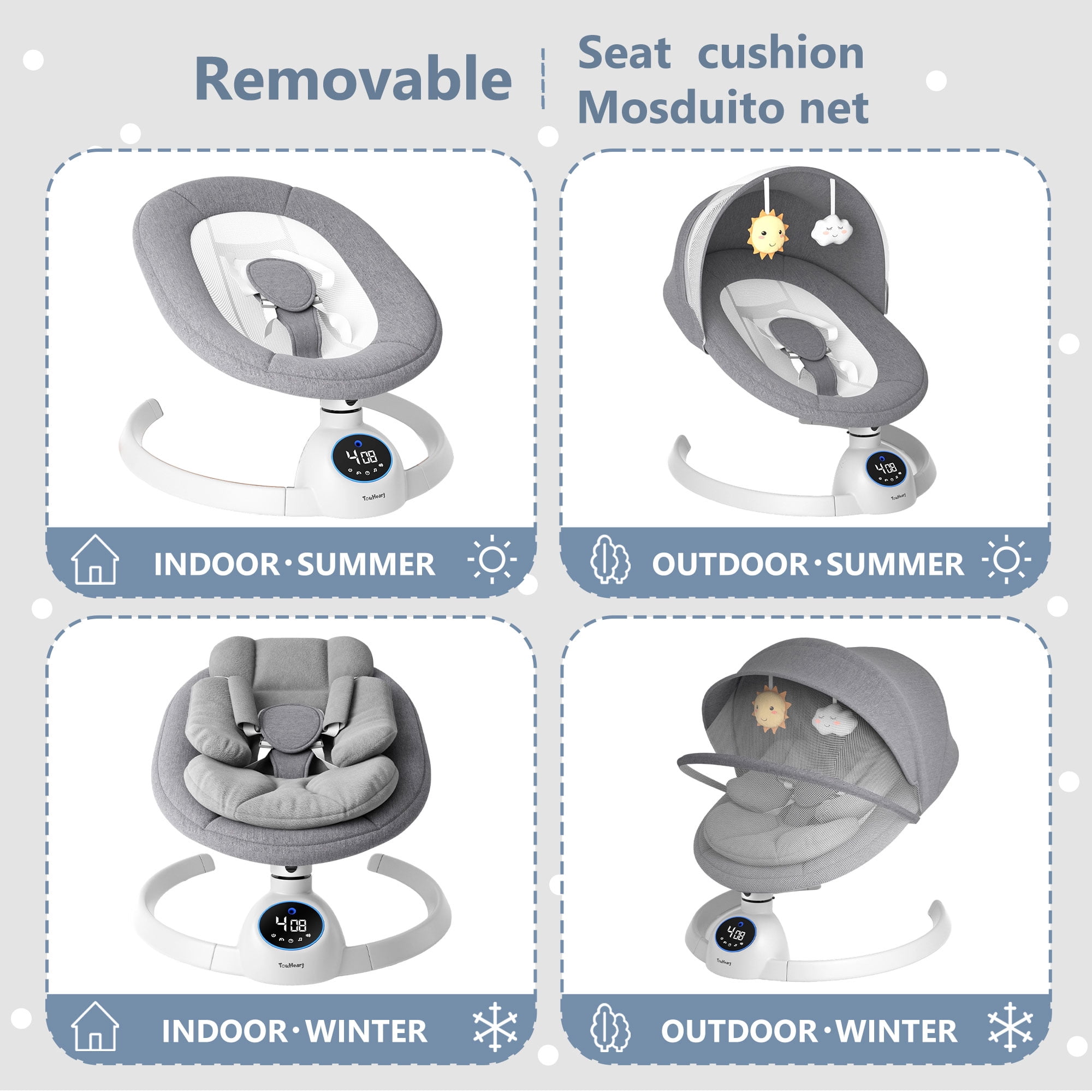 TouHeart Baby Swing, Electric Infant Rocker with Bluetooth & Remote, 5 Speeds, 10 Lullabies,Gray