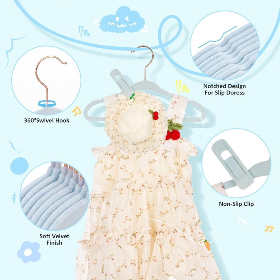 Tonswachic Baby Velvet Hangers 30 Pack - 11 Inch Premium Felt Non Slip Kids Hanger for Infant & Toddler Clothes - 0.2" Slim Space-Saving Baby Felt Hangers for Children's Closet with 10 Clips - Beige
