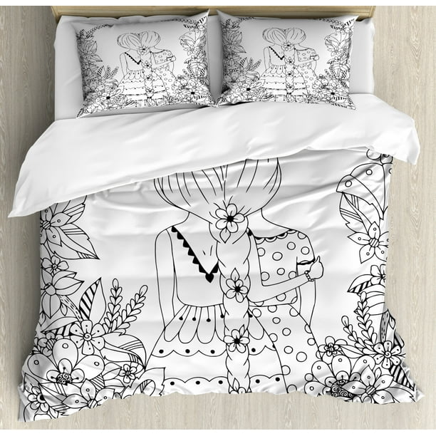 Doodle Duvet Cover Set Girlfriends With Conjoined Ponytails Hugging Friendship Coloring Book Style Design Decorative Bedding Set With Pillow Shams Black White By Ambesonne Walmart Com Walmart Com