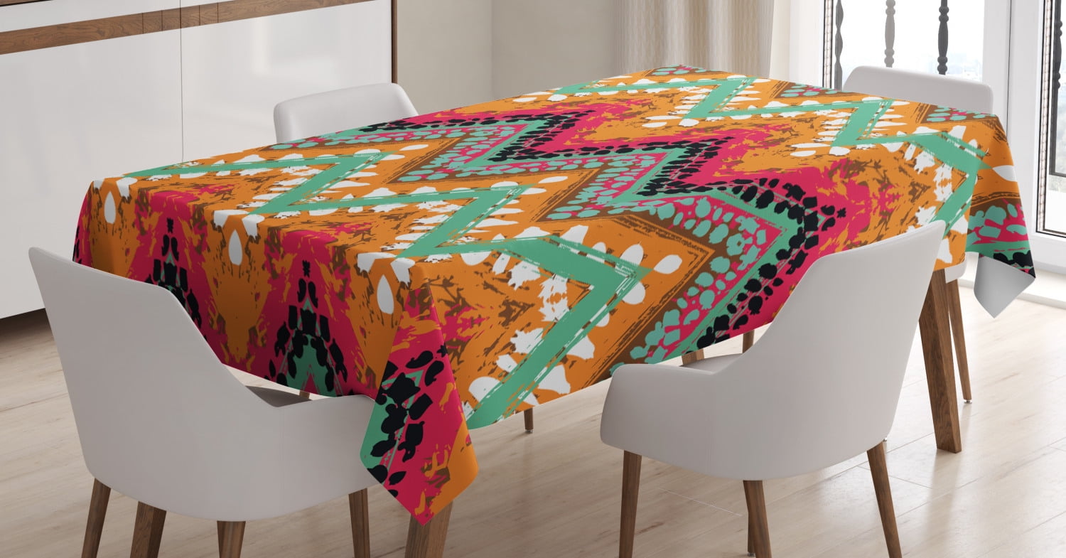 Tribal Tablecloth, Hand Paint Ethnic Zigzag Pattern with Africa Effects