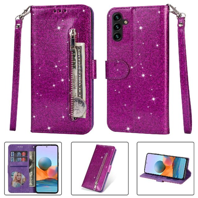 Case for FOXDOCK Samsung Galaxy A13 5G/4G Glitter Zipper Wallet Case with Short Hand Strap
