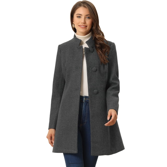 Abrigo de invierno elegante Allegra K Largo de un Solo pecho con cuello alto Gris Profundo L