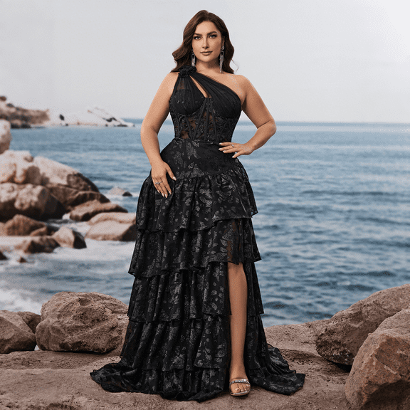 Plus Size Maxi Formal Dresses for Women Sleeveless Tiered Sequin Dresses Embroidery and High-Slit Semi Sheer One-Shoulder Wedding Guest Dresses for Women A-Line Evening Gown for Party Prom Black