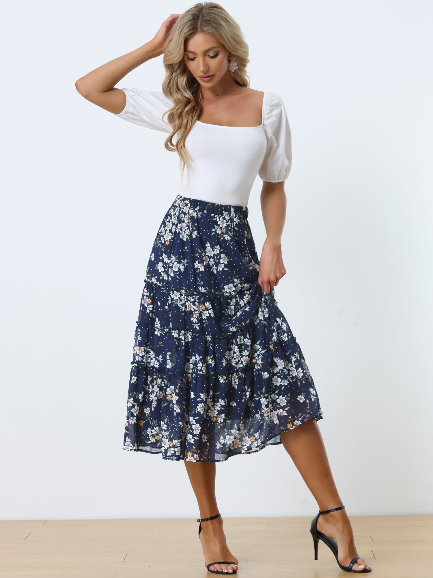 DARING DIVA Women's Chiffon Tiered A-Line Maxi Skirt XL Blue White Flower