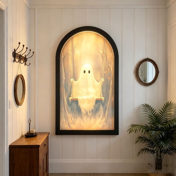 OKKVV Halloween USB Powered Swing Ghost Mirror Light, Arched Frame Cute Spooky LED Wall Hanging Art Plaque, Glowing Ghost on Swing Decor for Wall Mantel Indoor Halloween Party Home Decor