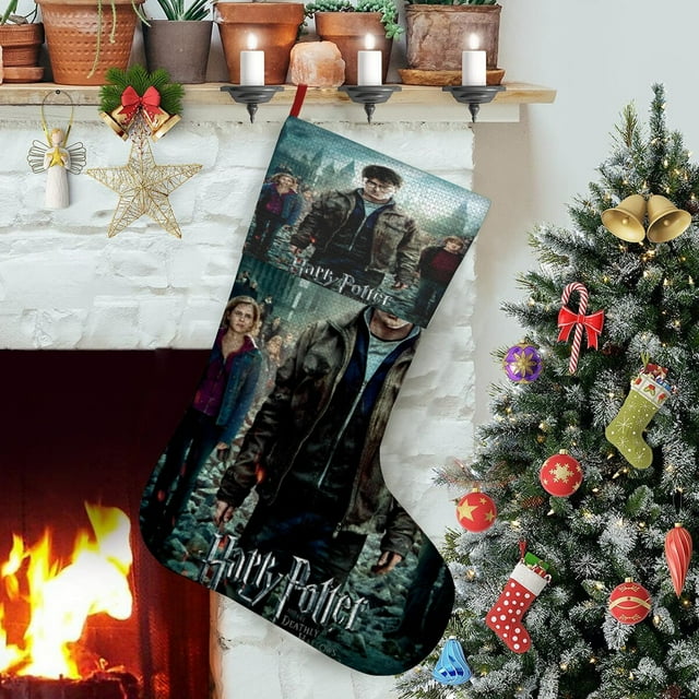 Harry Potter Tema: Calcetines de Navidad, fino lino blanco para colgar en escaleras y chimenea, decoración navideña para el hogar, regalo de Navidad. 45cm × 32cm