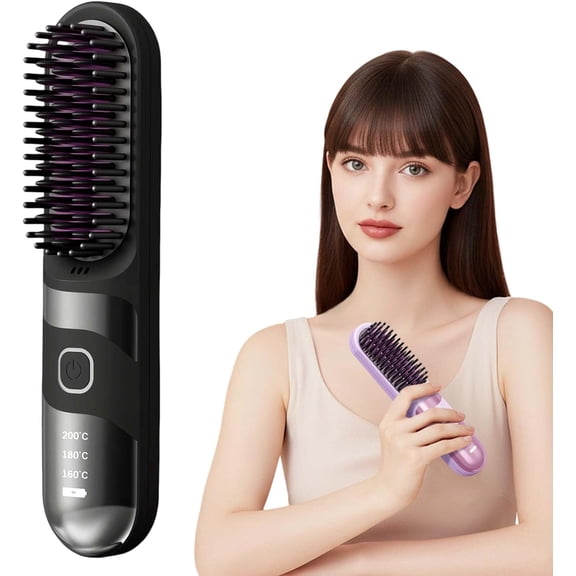 Cordless Hair Straightener Brush, 2-in-1 Negative Ion Straightening & Smoothing, 3 Temperature Settings, Fast Heating for Travel (Black)
