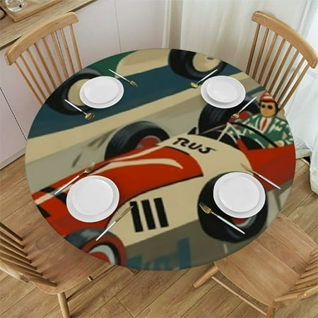 Round Fitted Table Cloth vintage race car Elastic Tablecloth for Round Tables, Speed Sport Car Waterproof