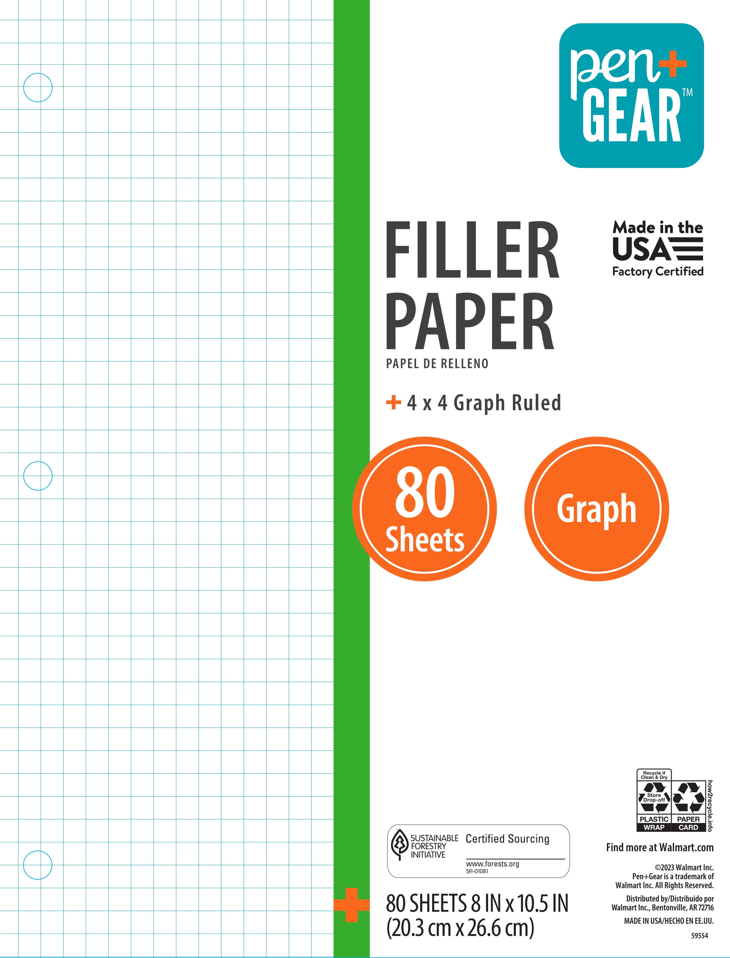 Pen+Gear Quad Filler Paper, Graph Ruled 4x4, 80 Sheets, 8