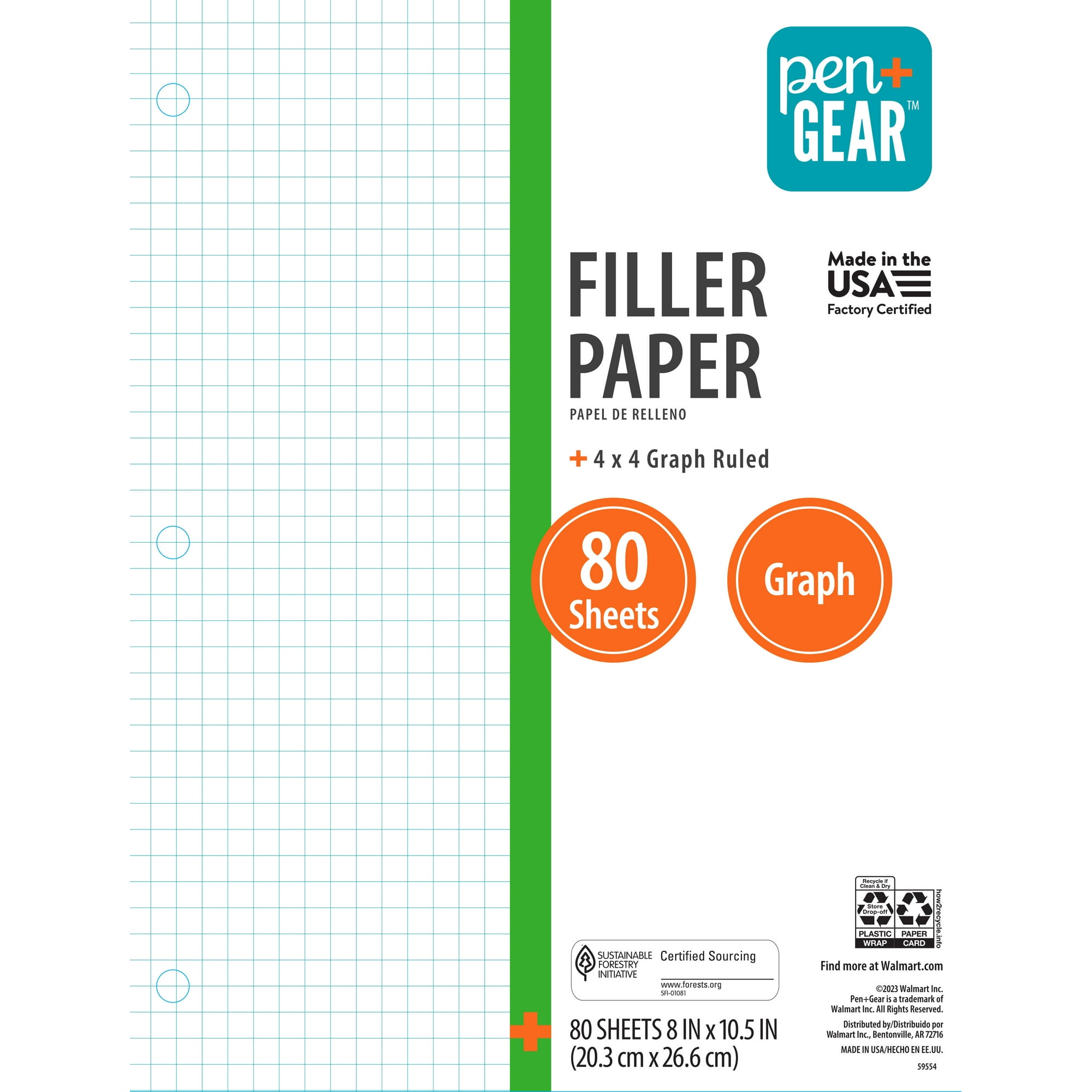 Pen+Gear Graph Ruled Quad Filler Paper, 4x4, 80 Sheets, 8 in x 10.5 in
