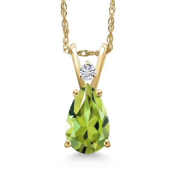 Gem Stone King 14K Yellow Gold Green Peridot and White Moissanite Pendant Necklace for Women | 1.32 Cttw | Gemstone August Birthstone | Pear Shape 9X6MM | With 18 inch Chain