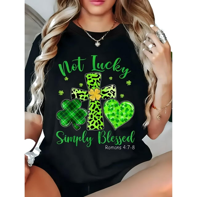 Camiseta para mujer, estampado geométrico del Día de San Patricio, cuello redondo informal, manga corta, elástica, estilo jersey, camisetas informales