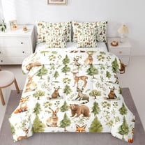 Manfei Bear Rabbit Fox Bedding Comforter Set 7 Pieces for Children Teens,Jungle Animal Full Bedding Set Lightweight,Woodland Wildlife Fitted Sheet Flat Sheet,Breathable Home Decor,Reversible