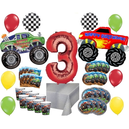 Monster Truck Rally 3rd Birthday Party Supplies 16 Guest Decoration Kit with Green and Red Monster Truck Balloon Bouquet