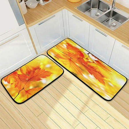 

SKYSONIC Bright Autumn Foliage Kitchen Rugs 2 Pieces Yellow Leaves Fall Floor Mat Room Area Rug Washable Carpet Perfect for Living Room Bedroom Entryway