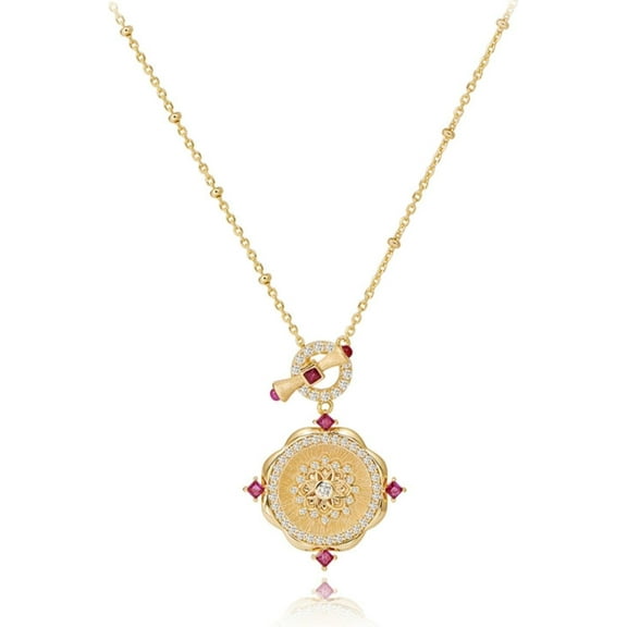 Rose Window Style Ruby Necklaces for Women 925 Sterling Silver Gold Pendant Necklace Women July Birthstone Necklace Round Cut CZ Simulated Diamond Necklace