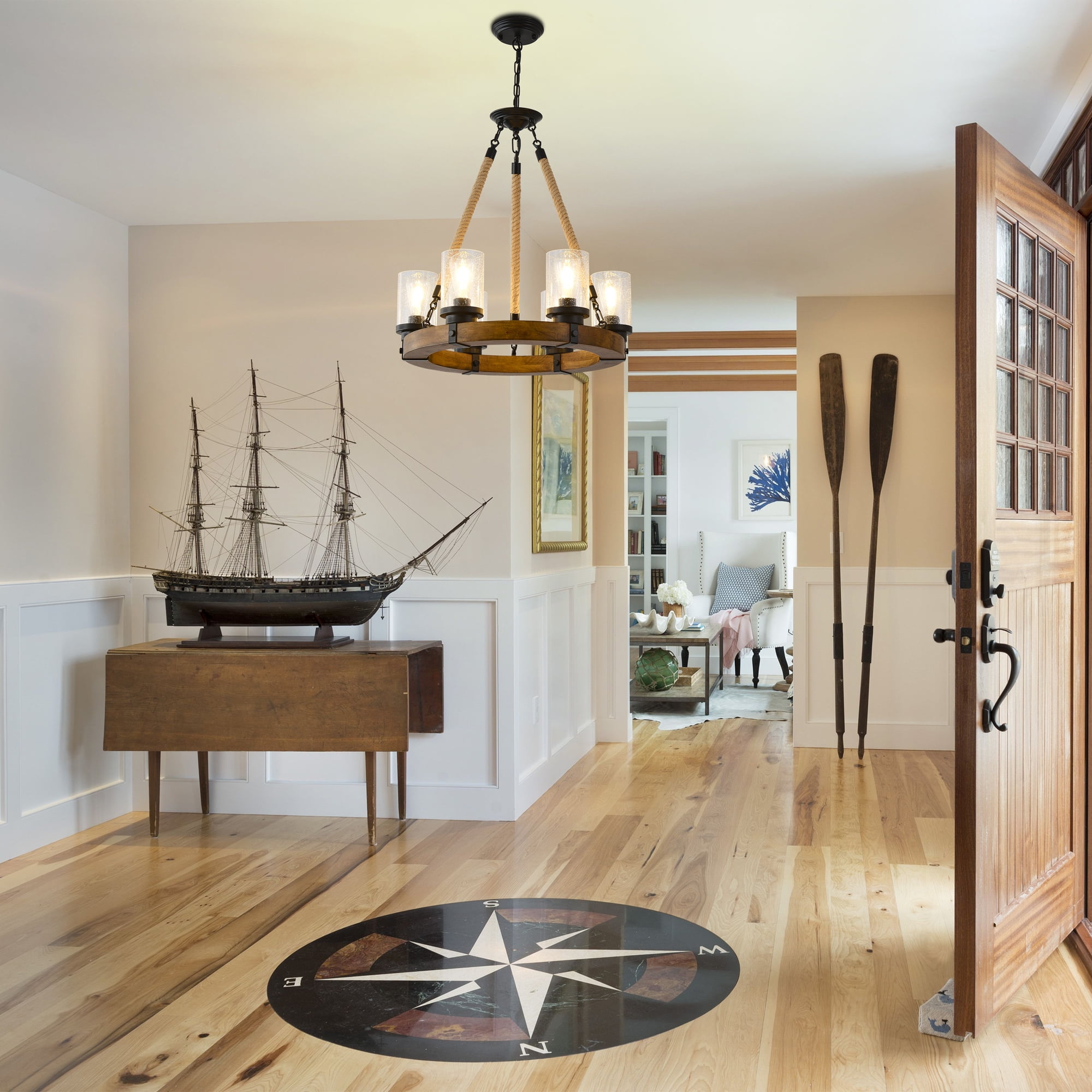 6-Light Wagon Wheel Chandelier with Seeded Glass – Rustic Farmhouse Wood Ceiling Light for Dining Room, Kitchen, Entryway