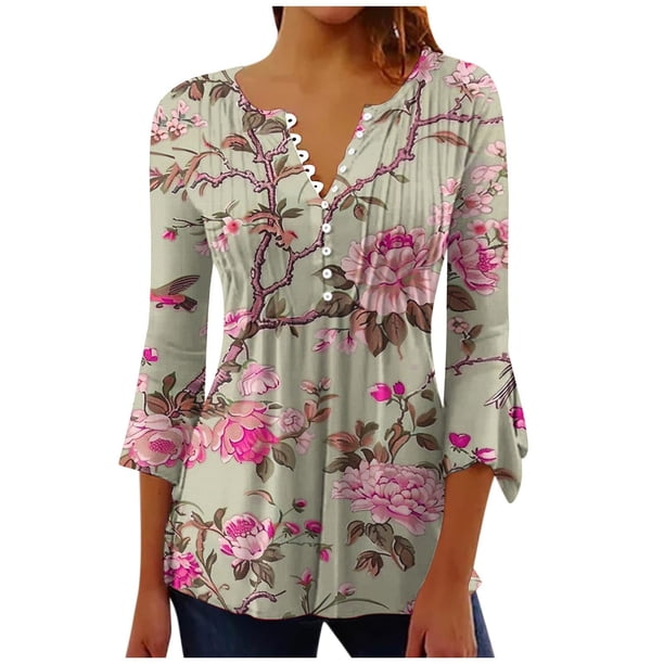 Camisetas de Cuello en V Mujeres, Impreso 3/4 Manga Blusa Casual Hecha de Cómodo Estante de Imitación para Toda la Temporada de Uso Diario, Camisetas Casuales de Mujer