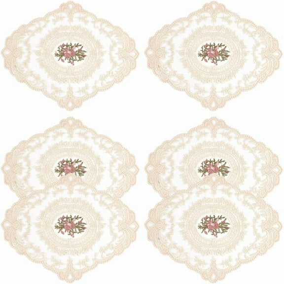 6pcs 8.43 Inch Beige Retro Lace Placemats 10.47 Inch Oval Embroidered Table Mats Lace Doily
