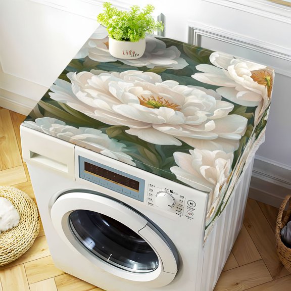 Cartoon White PeonyWasher and Dryer Covers Dust-Proof and Oil Resistant Fridge Cover with 4 Storage Pockets Washing Machine Top Cover for Laundry Kitchen Home 51.2 x 22 In