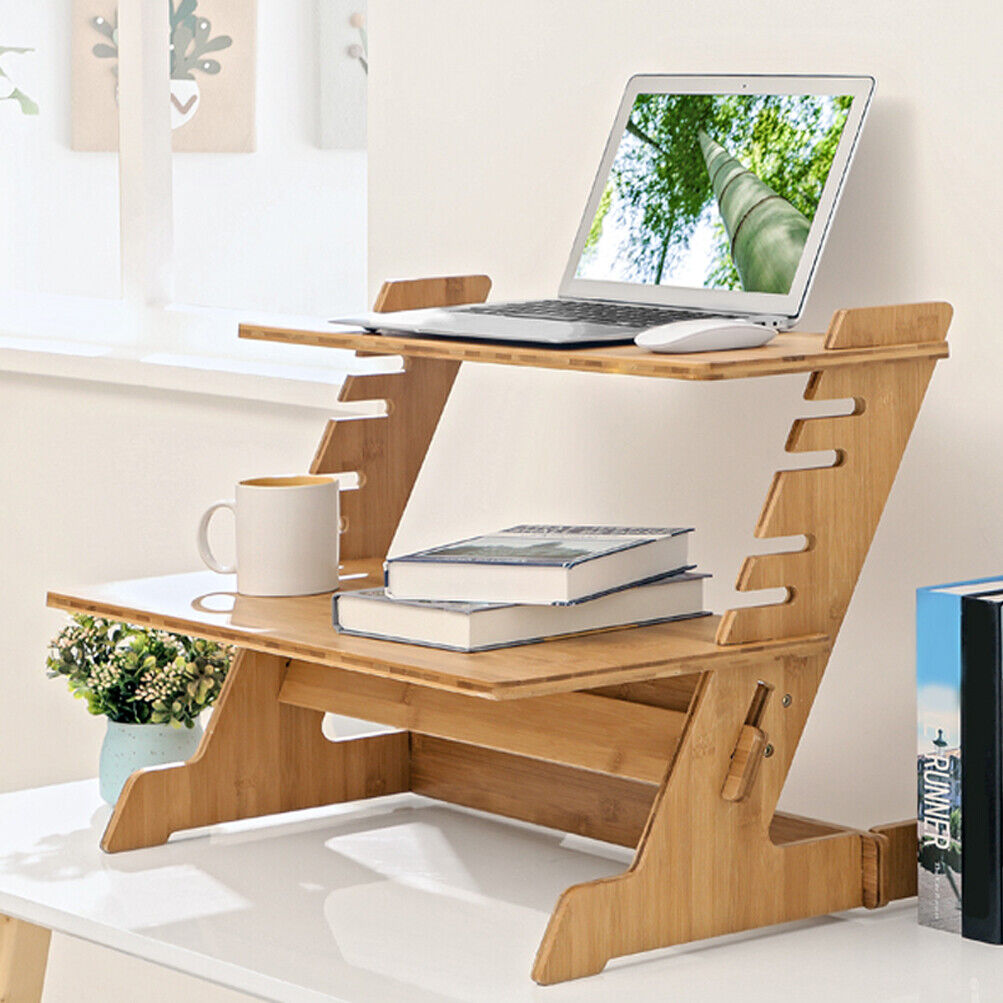 MarketLane Bamboo Standing Monitor Stand Desk Convertor Riser for Monitor Adjustable Height Standup Desk Top Laptop Workstation with Phone Headset Holder