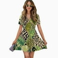 thumbnail image 2 of Tropical Animal Print Leaf Pattern Women Dress V-Neck Short Sleeve Flowy Swing Party Midi Dress, 2 of 4