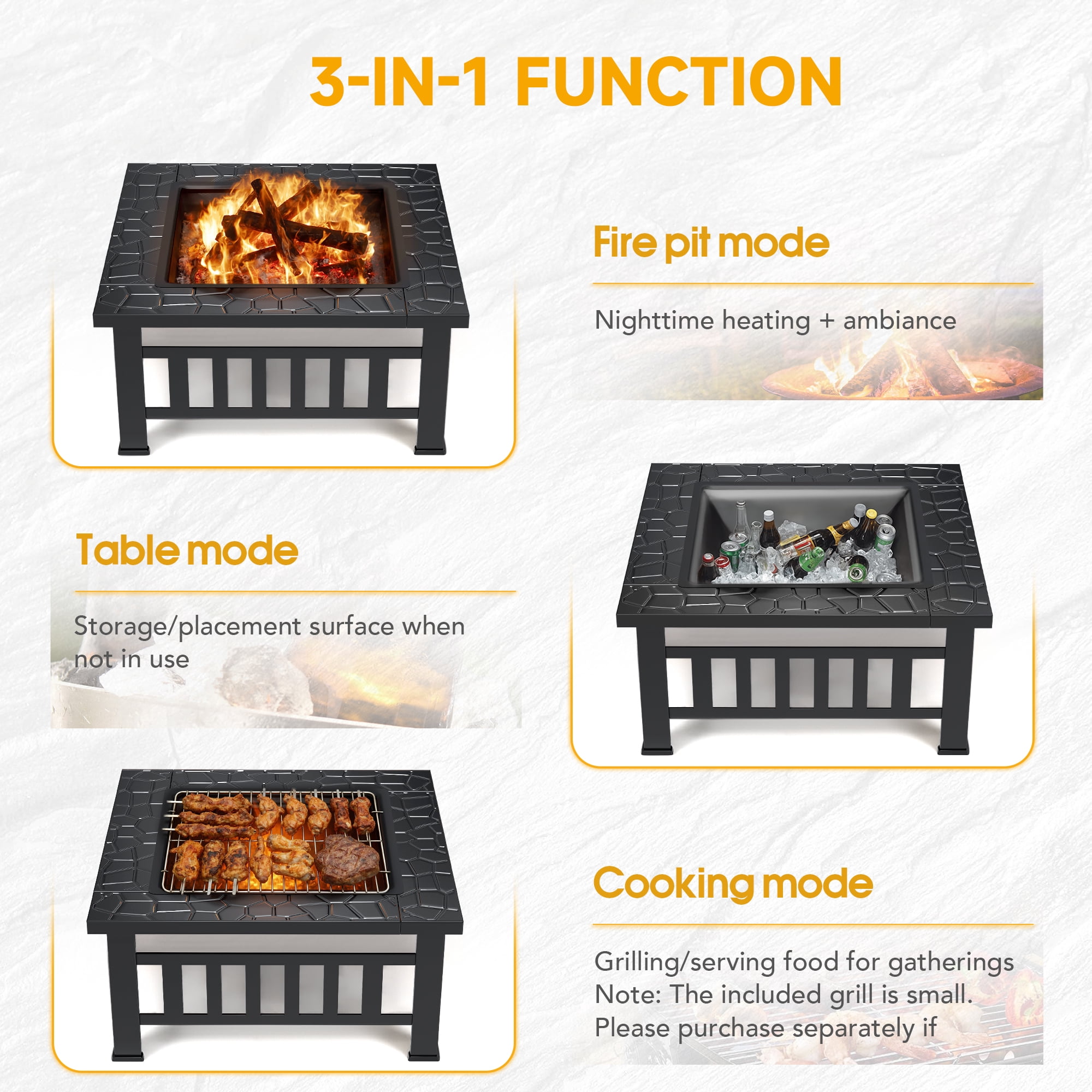 Lacoo 32" Patio Square Fire Pit Table for Patio Backyard BBQ, Ice Storage with Mesh Lid, Poker and Cover, Black