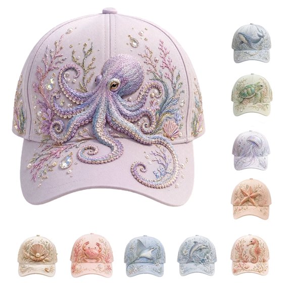 Luckky 3D Ocean Creatures Embroidery Cap,Adjustable Cotton Baseball Cap,Raised Embroidered Sea Animal Hat for Beach Travel Outdoor Daily Wear
