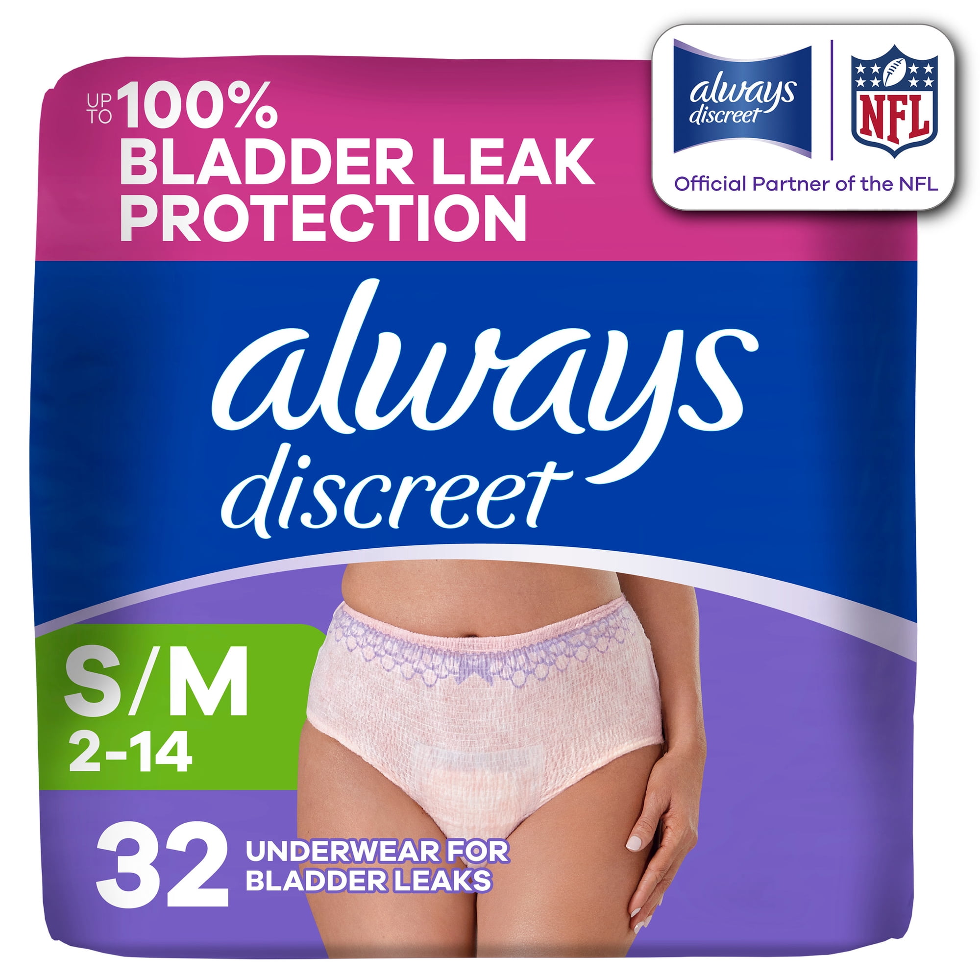 Always Discreet, Adult Diapers for Women, Maximum Incontinence and Postpartum Underwear S/M, 32 Count