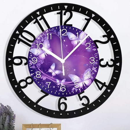 Wrought Iron Purple Wall Clock for Girls Bedroom Analog Butterfly Wall Clocks Battery Operated 10 Inch Round Glass Wall Clock Silent 25cm Style 10×10inch(25×25cm)