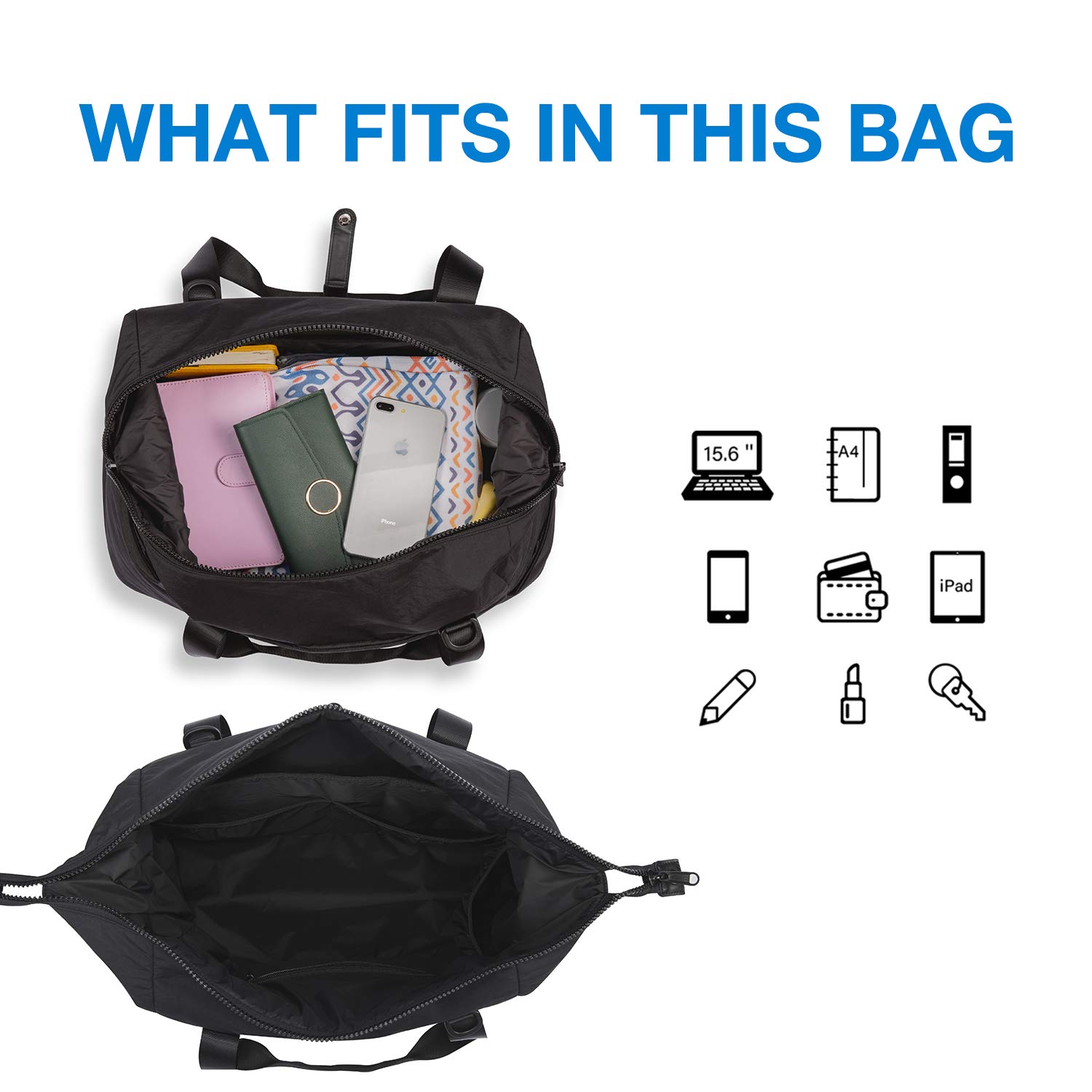 BAGSMART Travel Duffel Gym Bag for Women/Men, Weekender Carry on Overnight Bag, 30L Large Tote Bag Shoulder Handbags with Yoga Mat Bag Buckle & Trolley Sleeve, Black