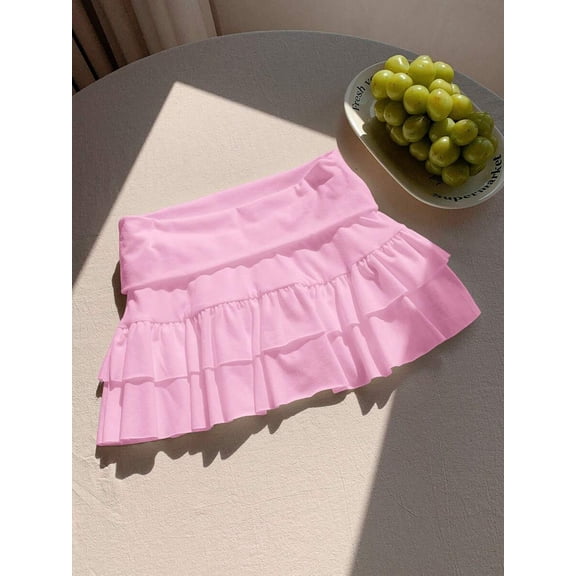 Pink Ruffle Layered Mini Skirt For Women Casual Summer Wear
