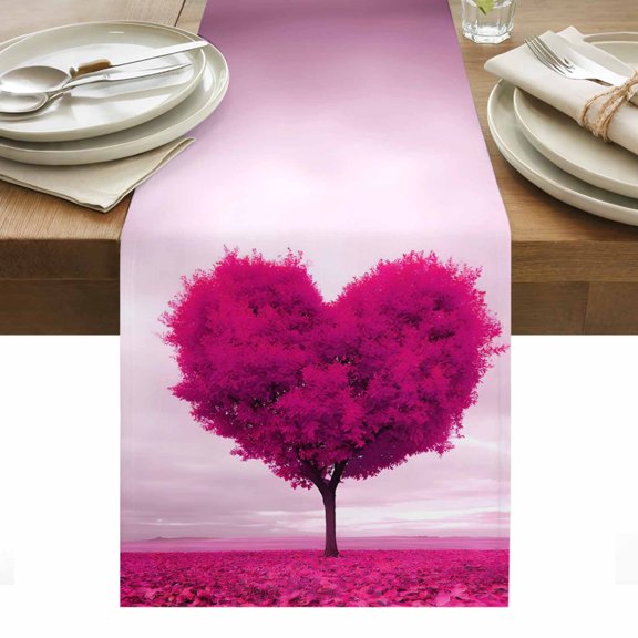 Valentine's Day Table Runner - 120 Inch Long, Kitchen Dining Table Runner Dresser Scarves, Pink Love Heart Trees Spring Romance Farmhouse Decor for Coffee Tables Wedding Party Banquet
