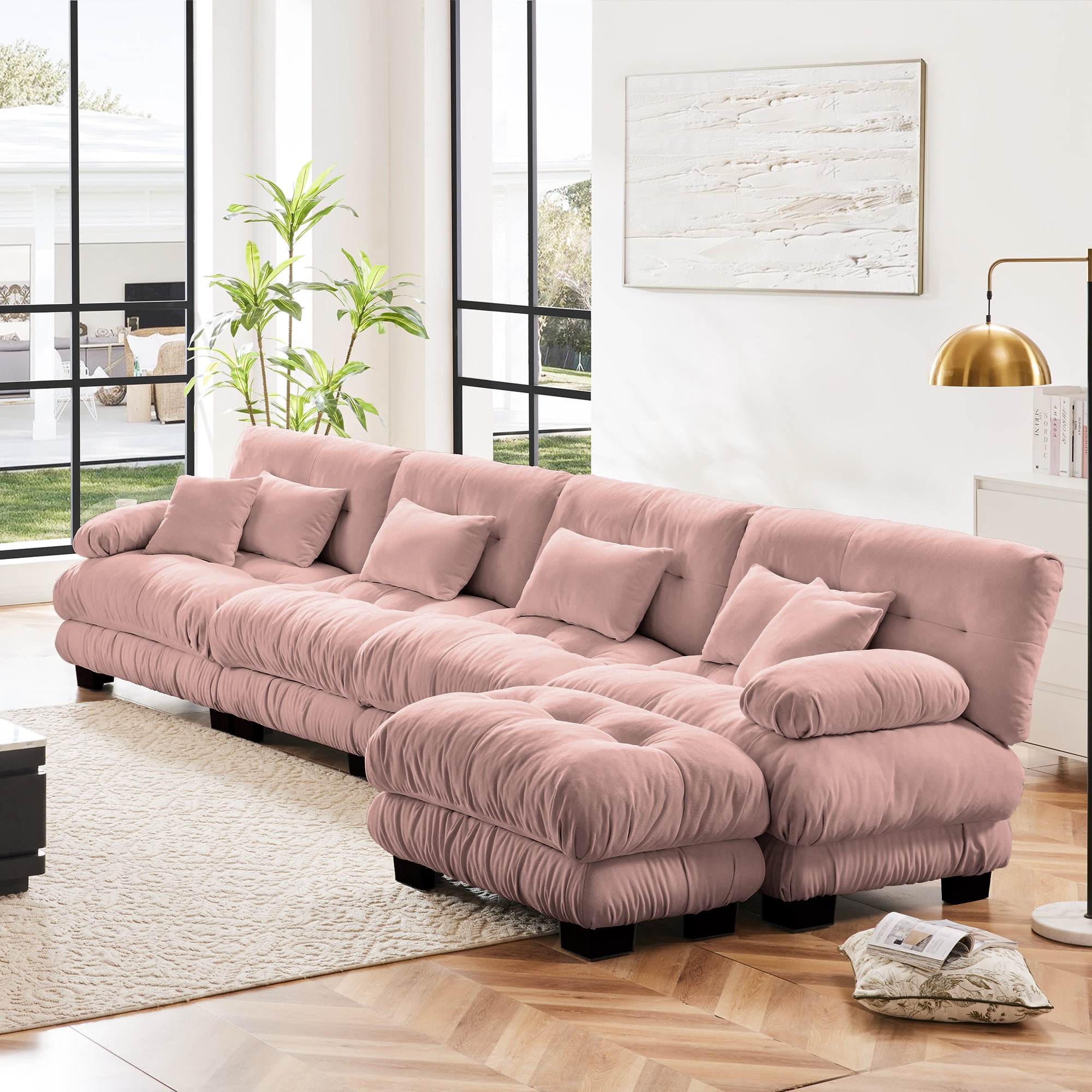 Gewnee Luxury 173.2" Modular L Shaped Sectional Sofa, Oversized Deep Seat Cloud Couch with Movable Ottoman, Lumbar Pillows & Throw Pillows, Chenille Sofa for Living Room, Pink
