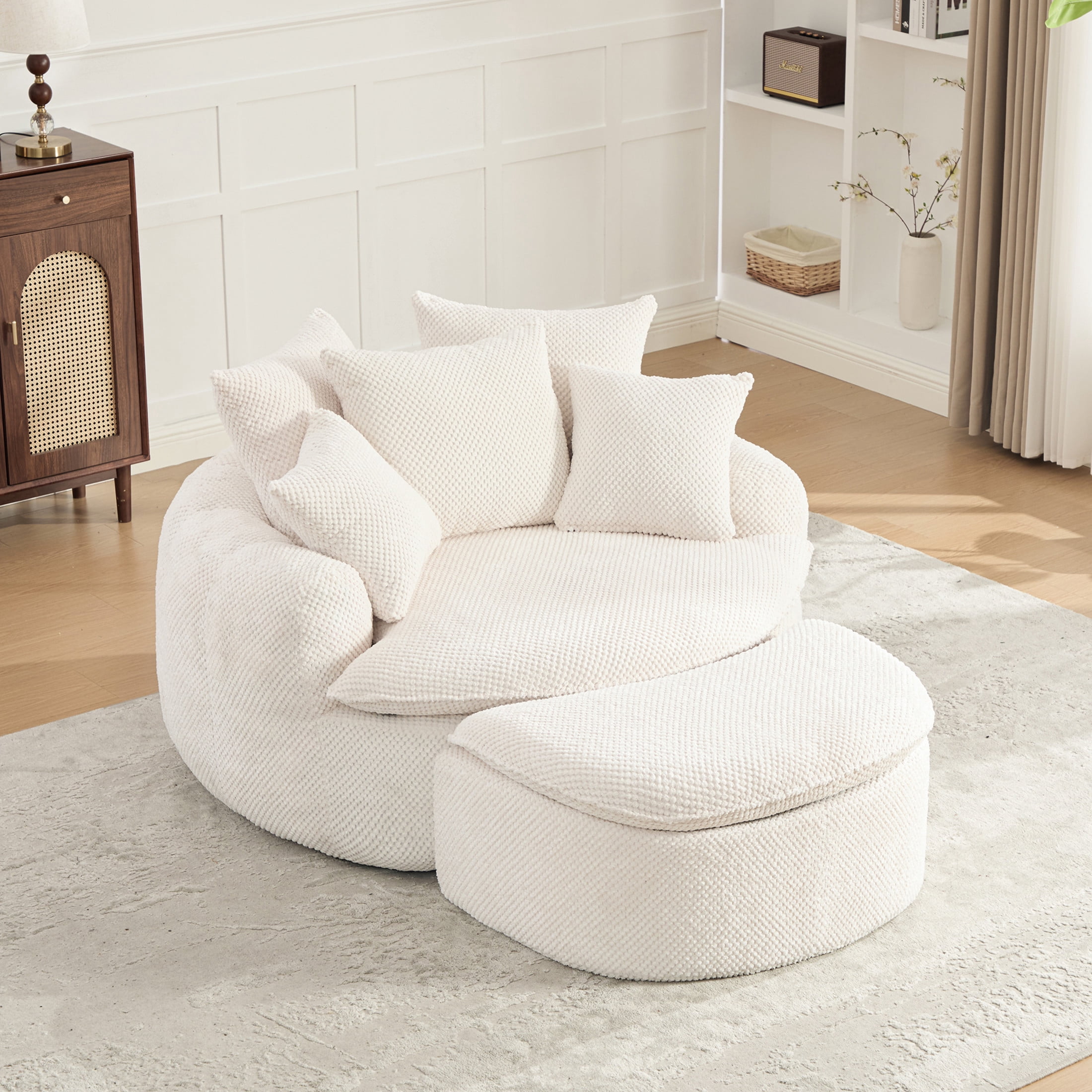 GDF Studio 53.15-Inch Oversized Pumpkin-Shaped Lounge Chair with Footstool Ottoman, Beige