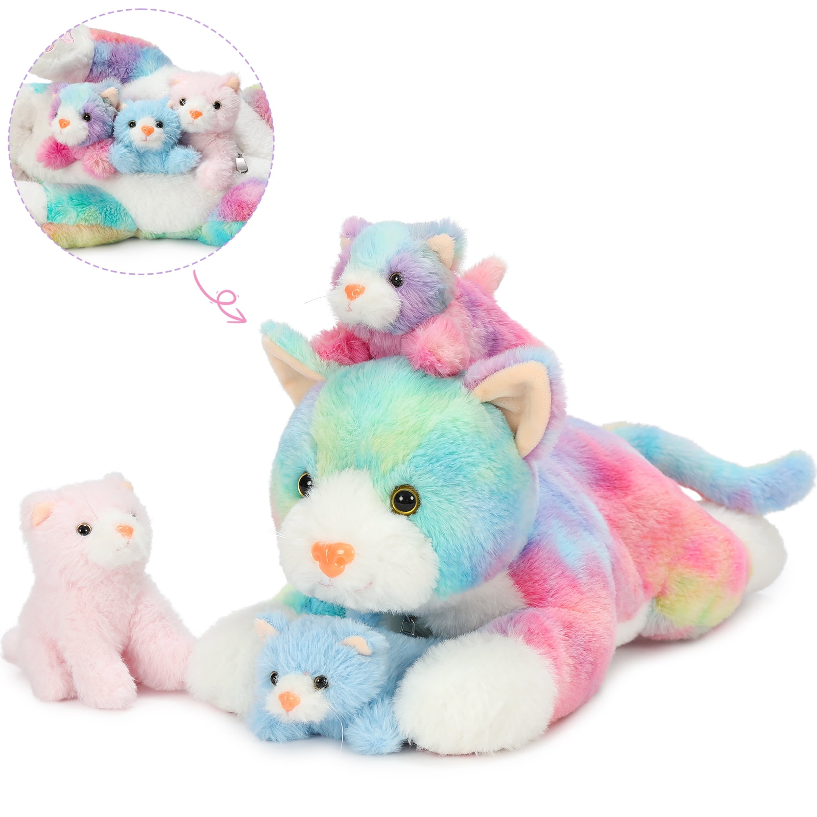 MaoGoLan 4 Piece Cat Stuffed Animals 15.7 inch Mom Plush Cat with 3 Kittens Stuffed in Zipper Pouch Stuffed KittenToys