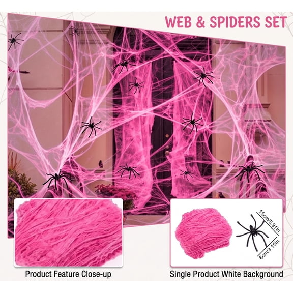 Jeniw Halloween Spider Webs, 100g Fake Spider Web with Black Spiders for Halloween Decor, Stretchable Cobweb Prop for Halloween Party Decorations, Pink